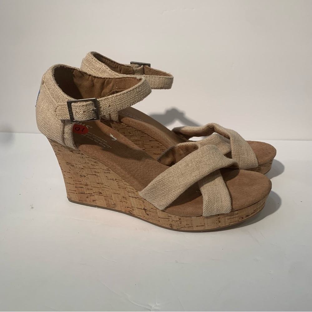 Toms Logo Tan Canvas Casual Buckle Platform Cork Wedge Sandals Women's 10